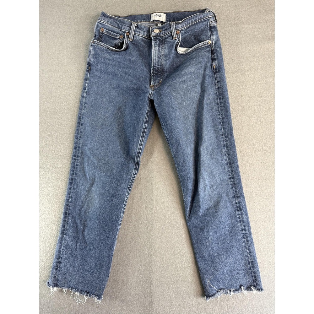 AGOLDE Kye Jeans Womens 28 Medium Blue High Rise Straight Distressed Raw Hem